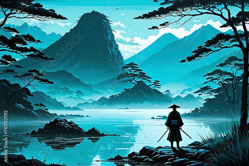  Asian landscape in the spirit of samurai in dark contrasting colors. Acrylic paints and a pleasant color palette. Great for cards, posters, promotional materials.