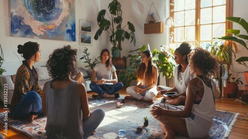 A group of women gathered on a rug in a living room for a therapy session