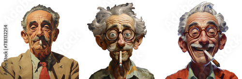 Starszy, pomarszczony mężczyzna z papierosem w ustach. Humorystyczny rysunek, kreskówka, animacja. Przezroczyste tło.