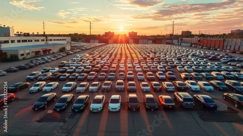A busy parking lot at a dealership with rows of preowned cars for sale
