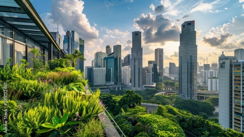 Panoramic view of city skyline from high-rise building, featuring lush green roof garden