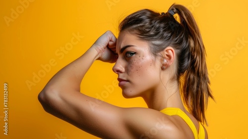 A focused young woman with her hair in a ponytail displays strength by flexing her biceps in a side profile view