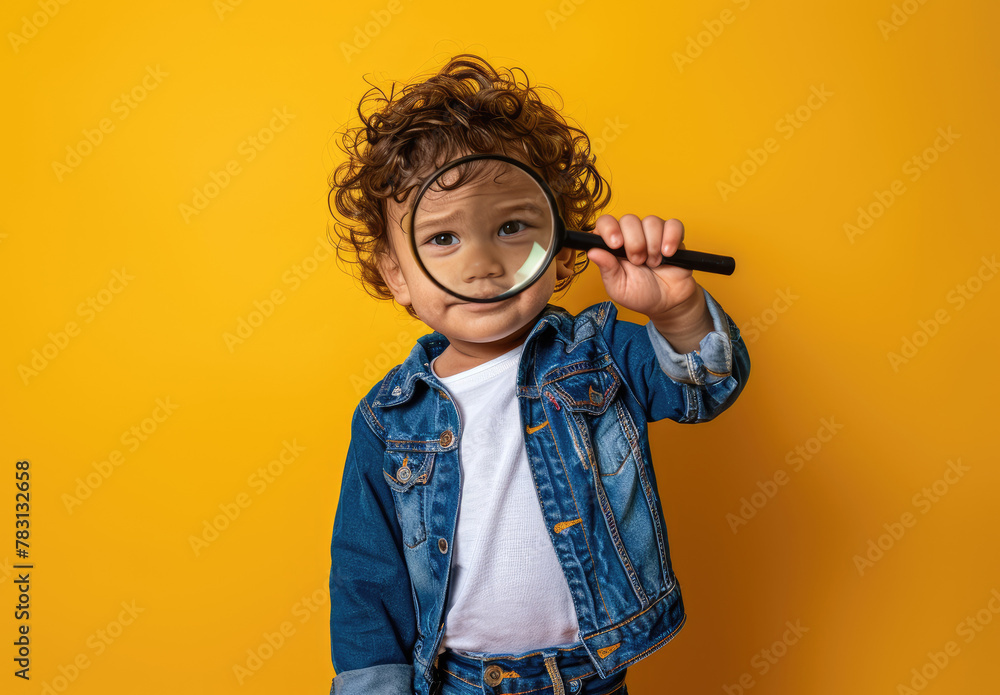 A cute little boy holding a magnifying glass, with a curious expression on his face isolated against a solid color background