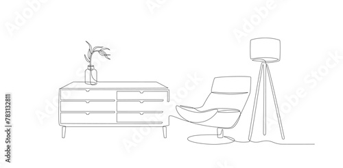 Continuous single line interior with armchair, floor lamp, plant and chest of drawers. One line drawing of Living room with furniture editable stroke. Handdraw contour of indoor furniture. Vector