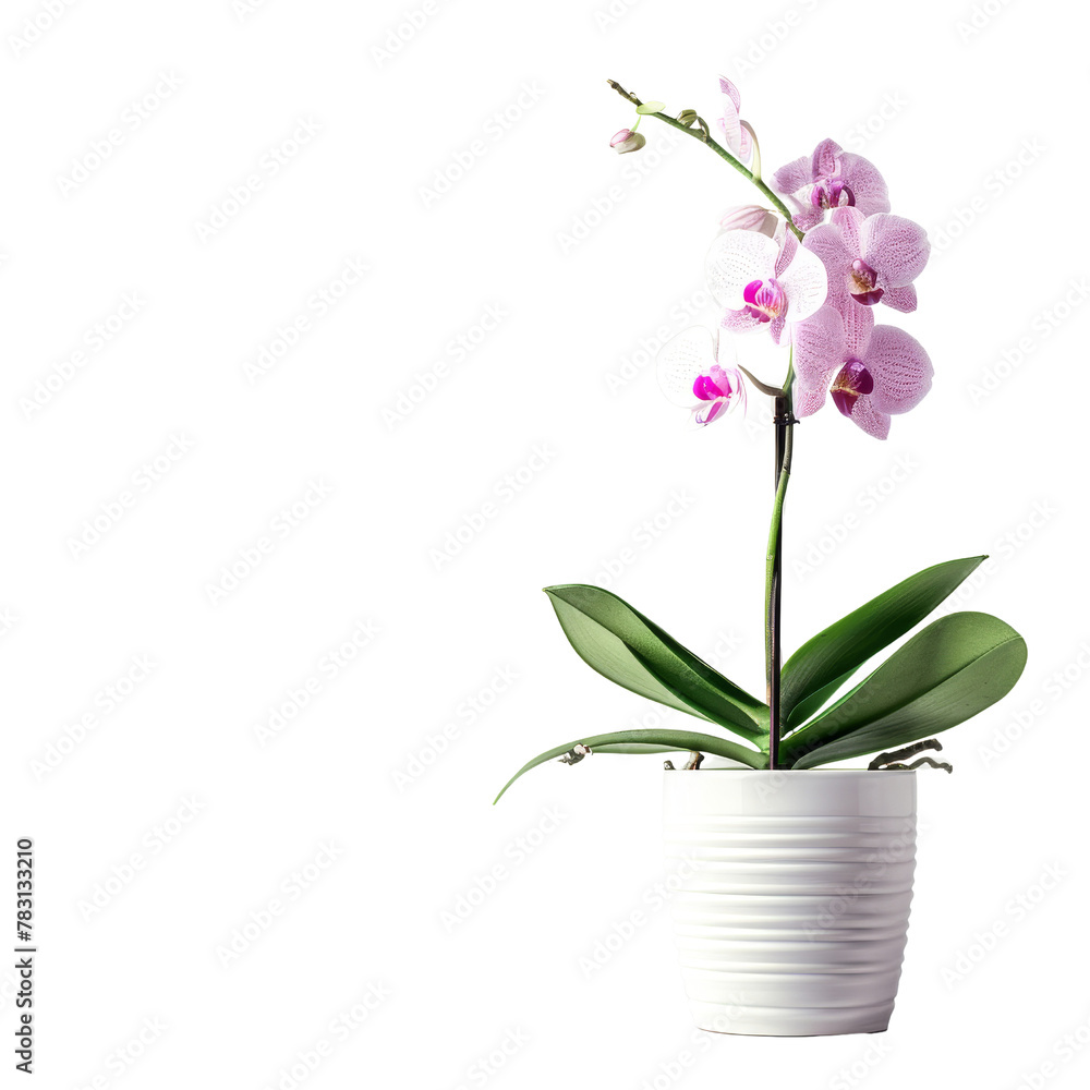 Elegant Potted Orchid in a White Pot, Illustrating the Concept of Indoor Gardening and Home Decor. Elegant Potted Orchid in a White Pot, Illustrating the Concept of Indoor Gardening and Home Decor.