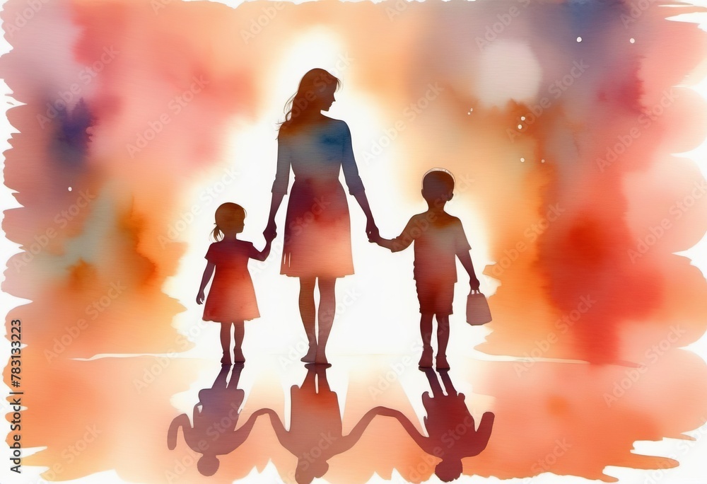 Mom and her kids, beautiful watercolor drawing, silhouette. Mother's Day concept, template, poster, greeting card.
