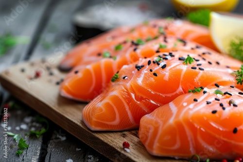 Salmon fillet, cut into portions, with pepper and herbs on a wooden board photo