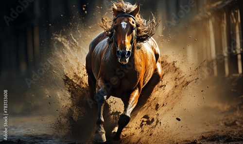 Brown Horse Galloping Through Dirt Field © uhdenis