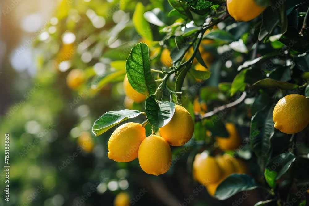 Harvest of yellow lemons on a branch in the garden, agribusiness business concept, organic healthy food and non-GMO fruits Harvest of yellow lemons on a branch in the garden, agribusiness business concept, organic healthy food and non-GMO fruits