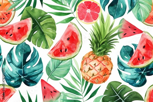 Watercolor seamless Illustration of summer with various types of different fruits, flowers, concept of the arrival and onset of summer. Concept for wrapped cover paper