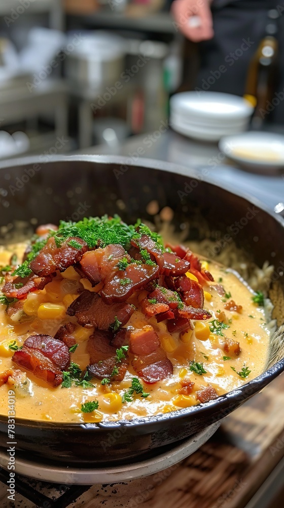 Bacon as a key ingredient in a smoky corn chowder Bacon as a key ingredient in a smoky corn chowder