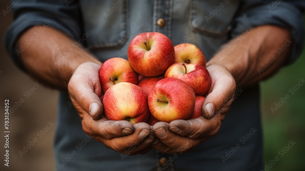 Agriculture fruits, apple harvest background - Close up of hands of farmer carrying ripe apples Agriculture fruits, apple harvest background - Close up of hands of farmer carrying ripe apples