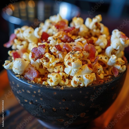 A bowl of bacon-flavored popcorn at a gourmet cinema