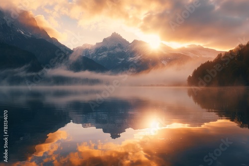 The surface of a mountain lake, in which the mountains and sunrise are beautifully reflected. The concept for the development of tourism, mountaineering, skiing, rock climbing, excursions in the mount