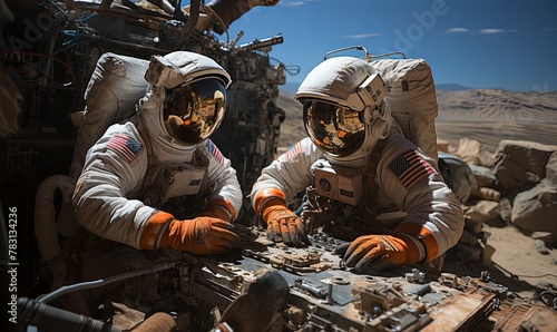 Two Astronauts in Space Suits Sitting on Surface
