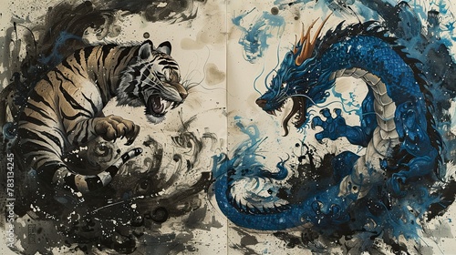 Dynamic Tiger and Dragon Painting, Traditional Eastern Yin Yang Concept Art © abstract design