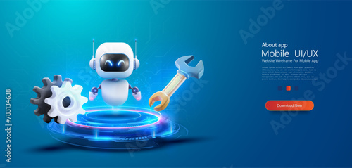 Futuristic 3D bot Service Robot with Tools on Digital Platform. A friendly robot with a wrench and gears on a glowing cybernetic platform, symbolizing AI and automation in technology services.  