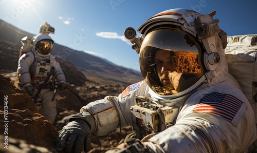 Two Astronauts Walking on Rocky Surface
