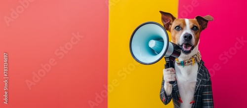 Cute dog holding a loudspeaker in his paws on a bright background for an announcement with empty space for text, banner © Tatiana