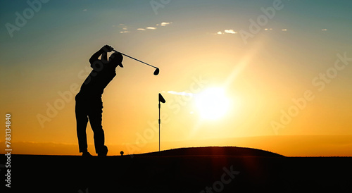 The silhouette of a golfer against the background of the setting sun. Copy space