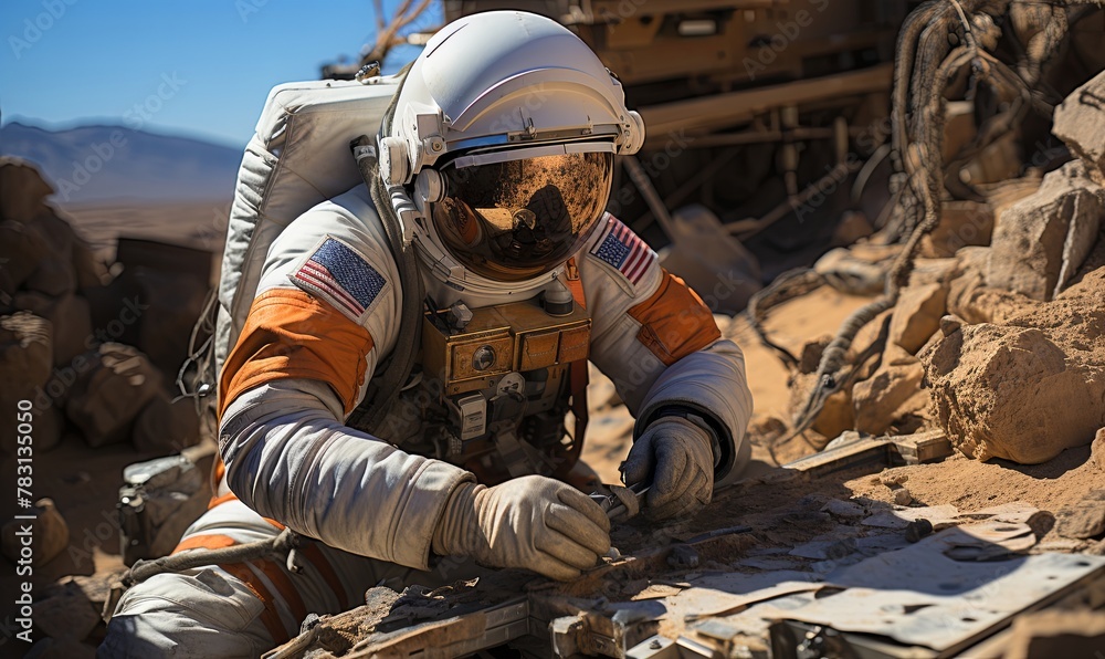 Astronaut Repairing Wood Panel in Space Astronaut Repairing Wood Panel in Space