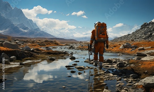 Man Crossing Stream With Backpack photo