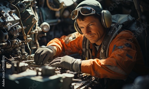 Man in Orange Jacket Working on Machine