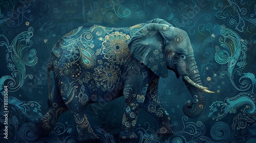 Majestic elephant, surrounded by detailed paisley patterns, deep blues and greens, soft lighting, side view