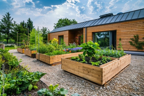 Raised wooden beds in modern garden with plants, herbs, vegetables, and flowers in countryside