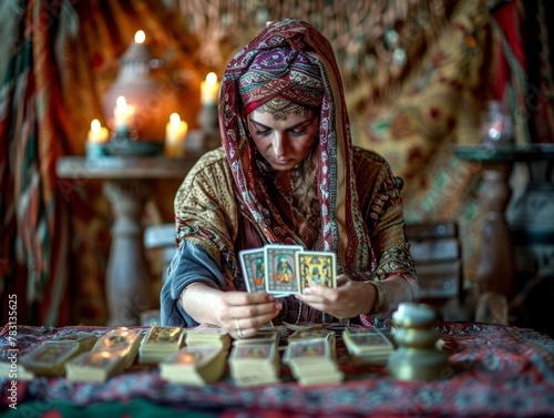 Mysterious Fortune Teller Reading Tarot Cards in Dimly Lit Mystical Setting with Candles, Jeweled Headpiece & Ornate Attire - Psychic Tarot Card Reading Stock Image