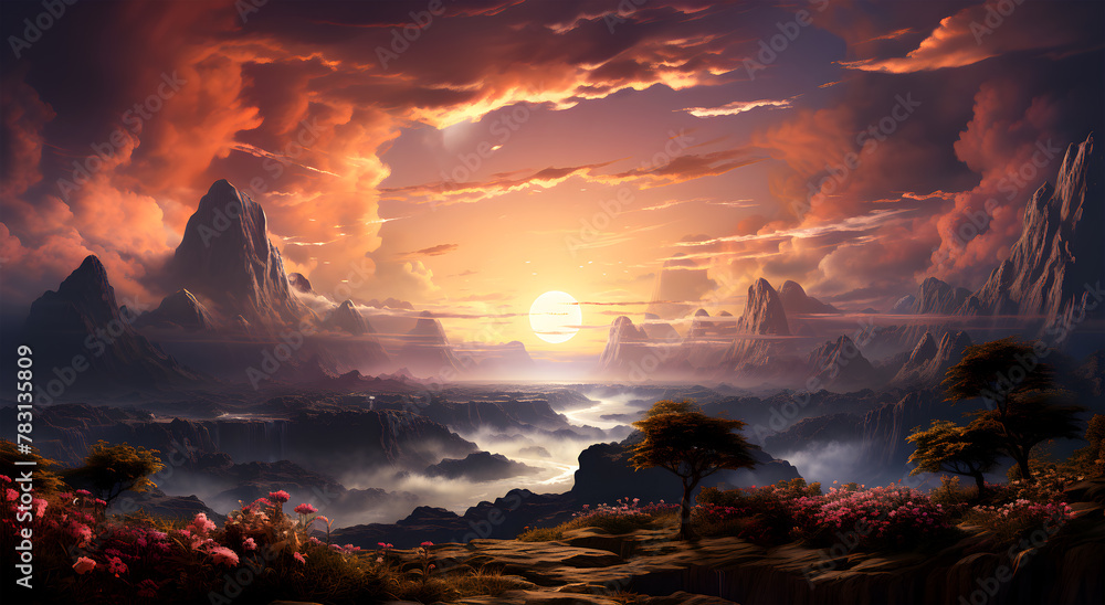 Fototapeta premium View of Beautiful colorful sky and sunset surrounded by mountains