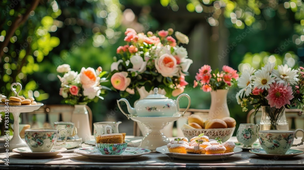 Elegant Tea Party Setting in a Lush Garden Backdrop Elegant Tea Party Setting in a Lush Garden Backdrop