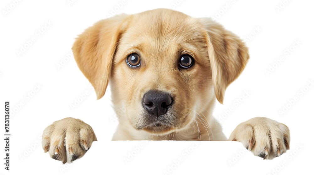 Puppy dog holding  blank banner isolated on transparent background - obrazy, fototapety, plakaty 