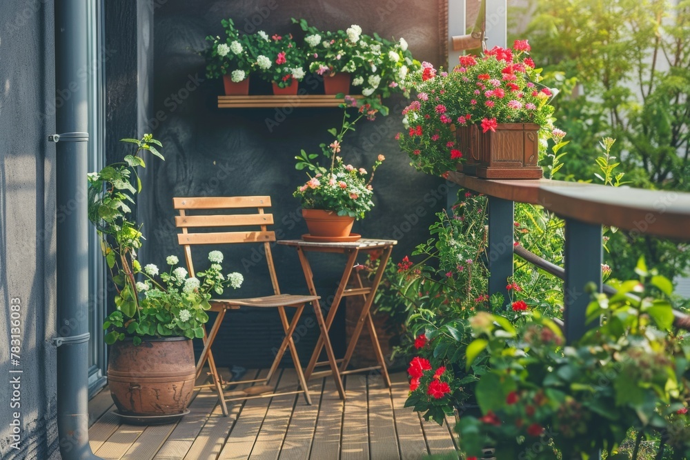 Beautiful and relaxing city terrace with wooden floor, chair, and green potted plants