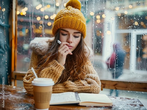 Pensive Young Woman in Knit Hat Sipping Coffee by Rainy Window, Cozy Contemplative Atmosphere