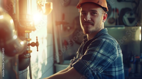 A man wearing a hard hat is working on a pipe, using tools and equipment to fix or maintain the piping system. He is focused and engaged in his task, ensuring the proper functioning of the pipe.