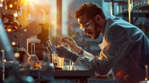 A man in a lab is diligently working on a pipe, using tools and equipment to inspect and repair it. His focus is evident as he conducts experiments and tests, ensuring precision and accuracy in his wo
