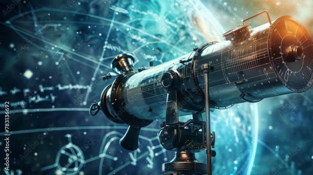Naklejka premium A telescope is positioned in front of a detailed space map, pointing towards celestial bodies and galaxies. The telescope is used for astronomical observation and study of the cosmos.