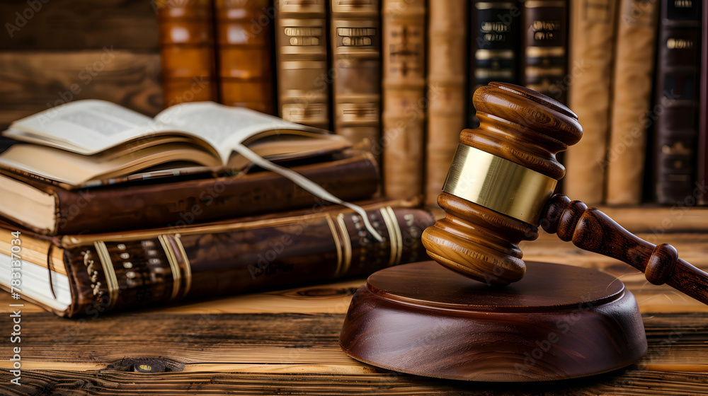 Wooden gavel and books on wooden table Wooden gavel and books on wooden table