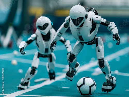 Futuristic Soccer Match: Humanoid Robots Showcasing Advanced Capabilities in Traditional Sports   Microstock Robotic Sports Image © Magic_Cat