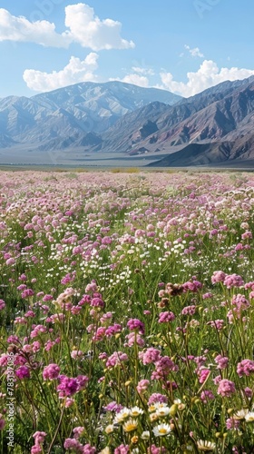A field filled with a variety of wildflowers stretches towards the distant mountains in the background. The colorful blooms sway gently in the breeze under a clear sky, creating a vibrant and pictures