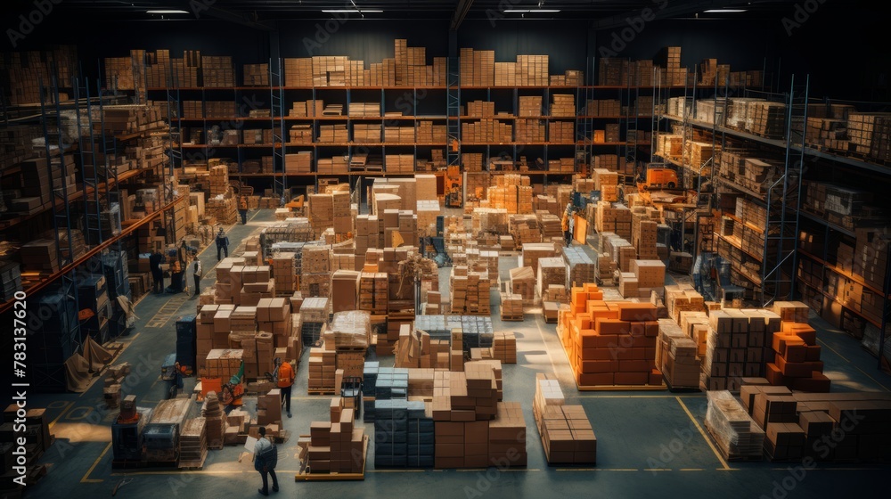 Generative AI filled warehouse, boxes and loading equipment are chaotically located Generative AI filled warehouse, boxes and loading equipment are chaotically located