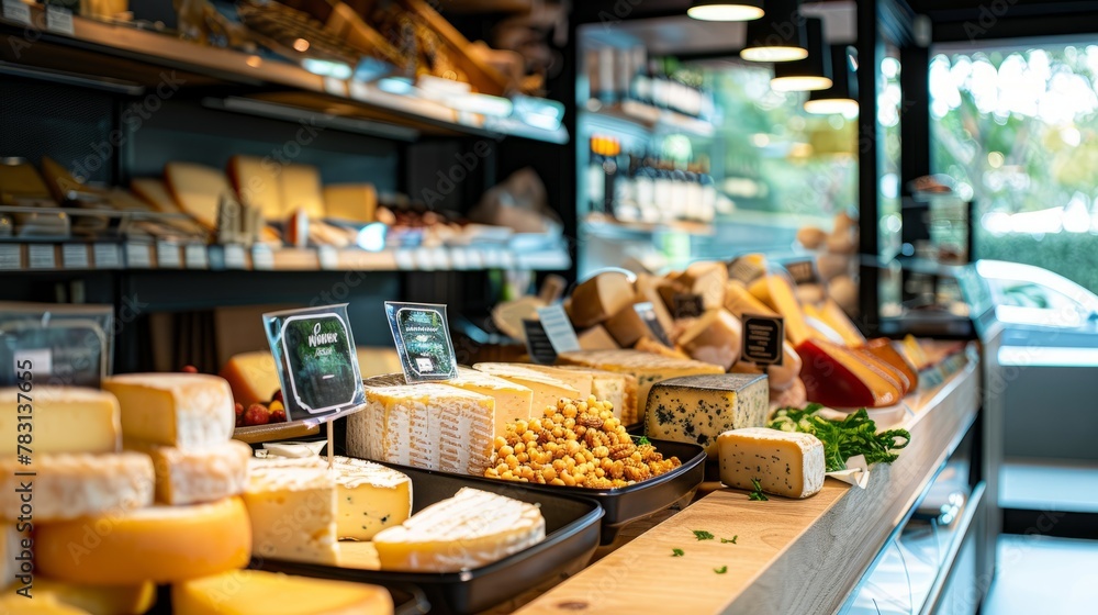 Various cheeses are showcased at a gourmet store counter, illuminated by natural light