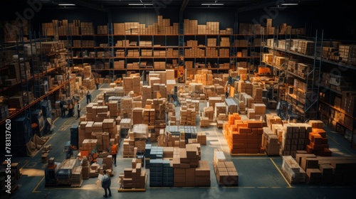 Generative AI filled warehouse  boxes and loading equipment are chaotically located