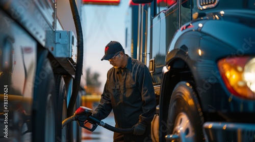 A gas station attendant is helping a truck driver refuel their vehicle at a gas station photo