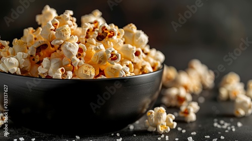 A closeup of a black bowl filled with salted popcorn, with a handful spilling over the edge onto a table, showcasing its freshness