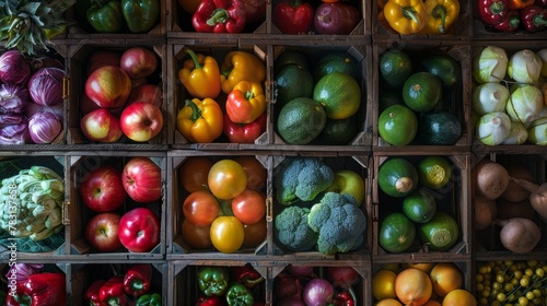 Closeup of vibrant fresh fruits and vegetables neatly arranged in wooden crates, showcasing a variety of colors and textures