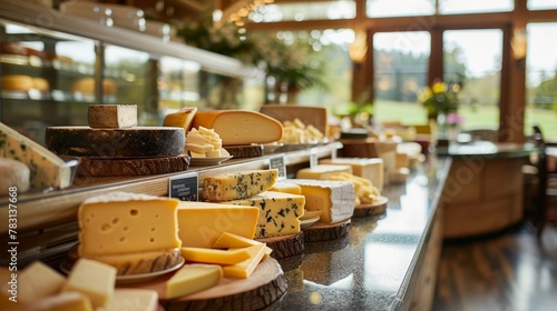 Display case filled with various types of gourmet cheese, highlighted by natural light