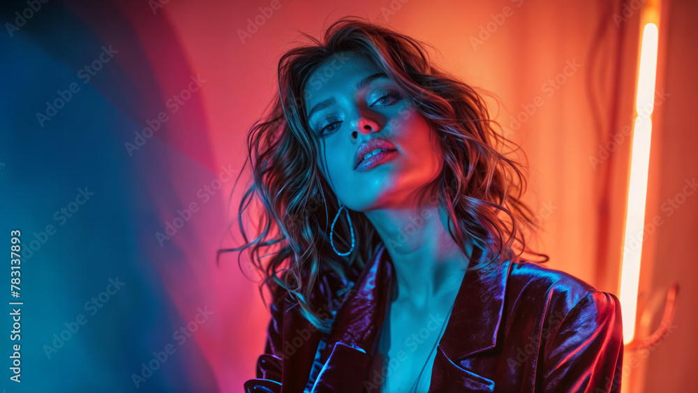 portrait studio d'un modèle femme éclairée sous lumière rouge et bleue