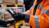 A delivery person in an orange jacket scanning a barcode on a parcel with a cell phone before handing it to a customer